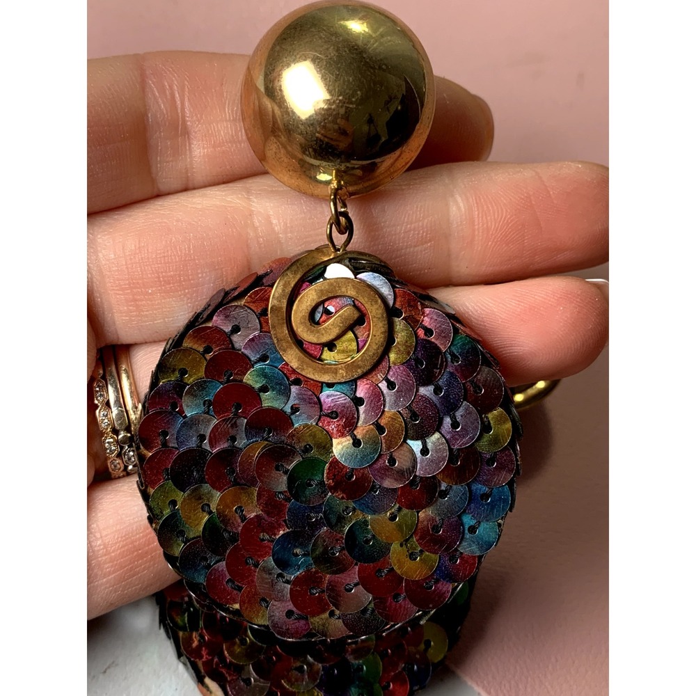 Vintage 90s Earrings Statement Womens Dangle Clip On Sequin Colorful Retro - Picture 8 of 12